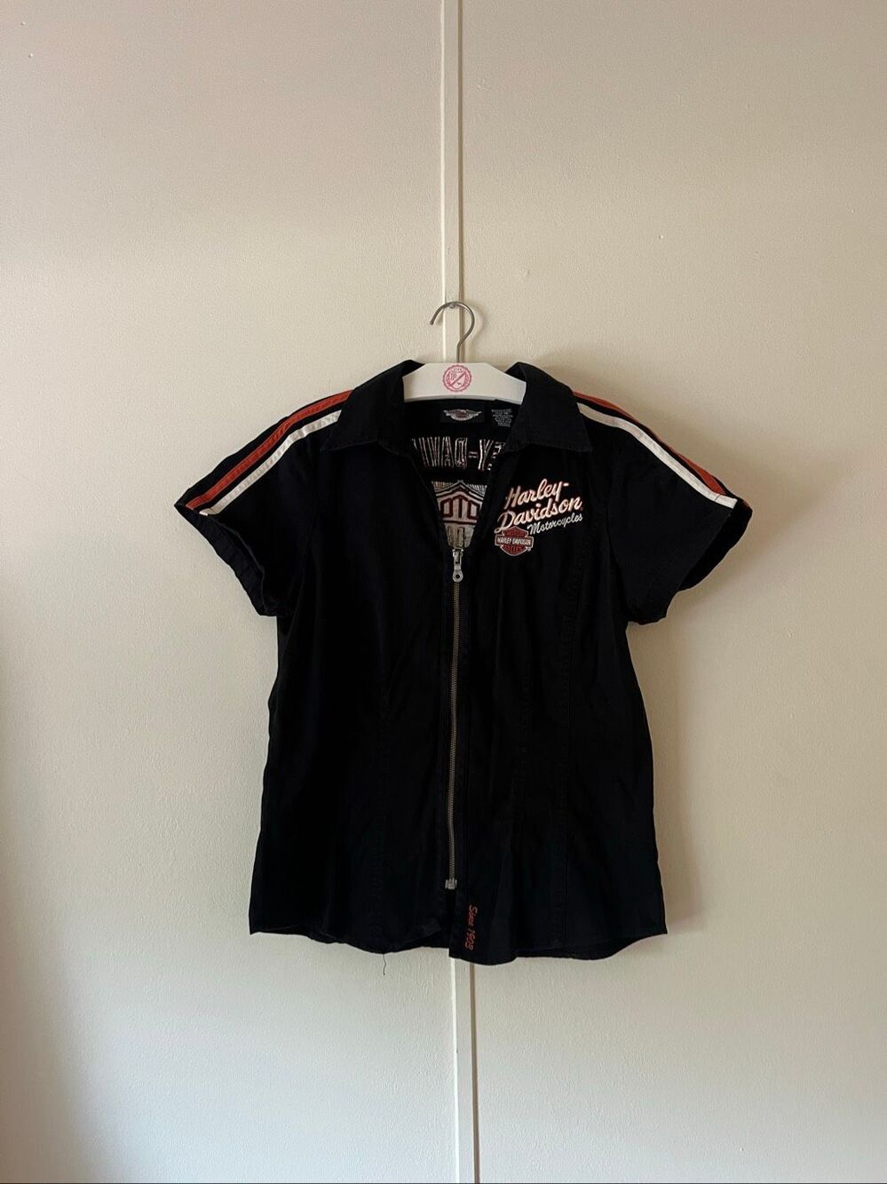 Harley Davidson Short Sleeve Zip Front Shirt Woman’s Size Medium Y2K 07/2010